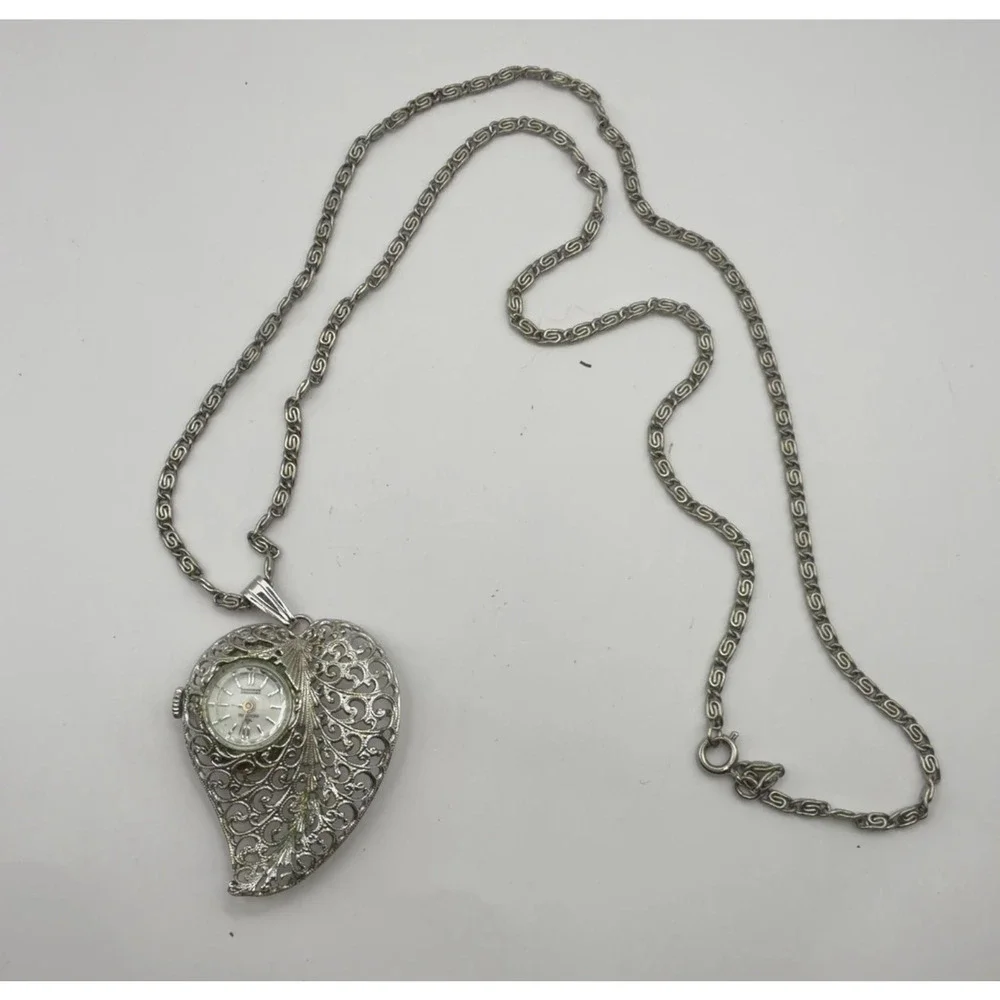 Heritage Swiss Pendant Watch Necklace Filigree Leaf Holder 1 Jewel Vintage